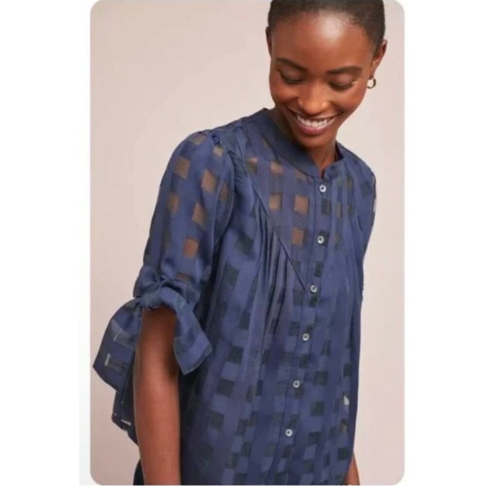 Anthropologie Navy Blue Sheer Checked Blouse